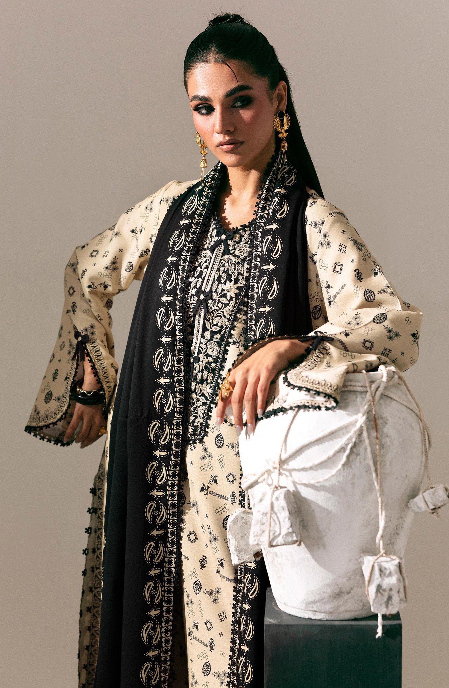 Qalamkar Embroidered Slub Linen Unstitched 3 Piece Suit - QPW-010A - QL26LI - Fawn - Winter Collection