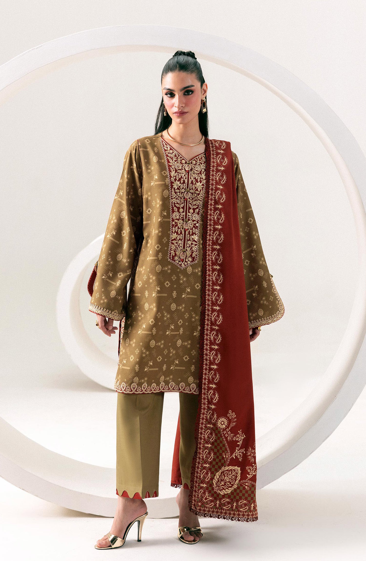 Qalamkar Embroidered Slub Linen Unstitched 3 Piece Suit - QPW-010B - QL26LI - Green - Winter Collection