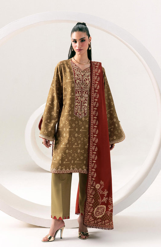 Qalamkar Embroidered Slub Linen Unstitched 3 Piece Suit - QPW-010B - QL26LI - Green - Winter Collection