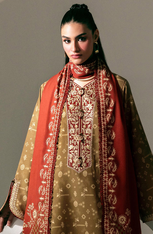 Qalamkar Embroidered Slub Linen Unstitched 3 Piece Suit - QPW-010B - QL26LI - Green - Winter Collection