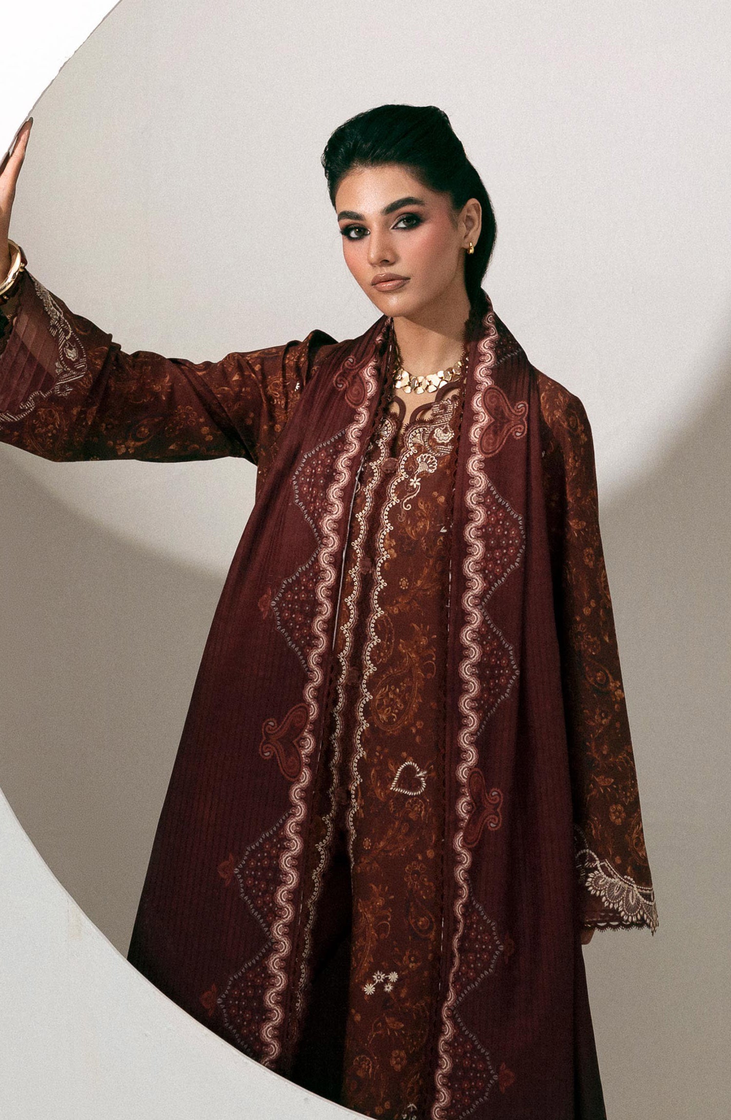 Qalamkar Embroidered Slub Linen Unstitched 3 Piece Suit - QPW-01A - QL26LI - Rust - Winter Collection
