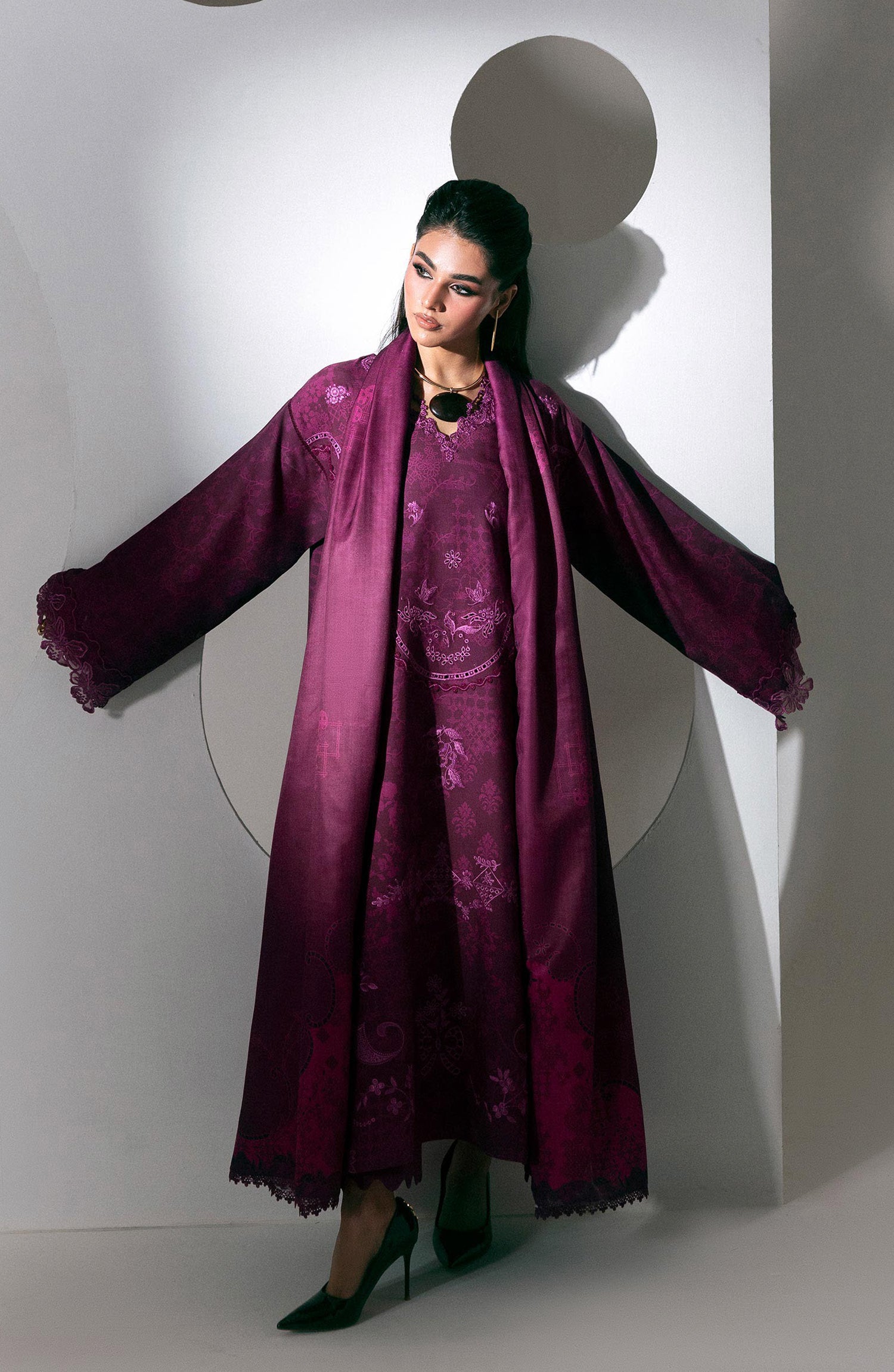 Qalamkar Embroidered Slub Linen Unstitched 3 Piece Suit - QPW-03B - QL26LI - Purple - Winter Collection