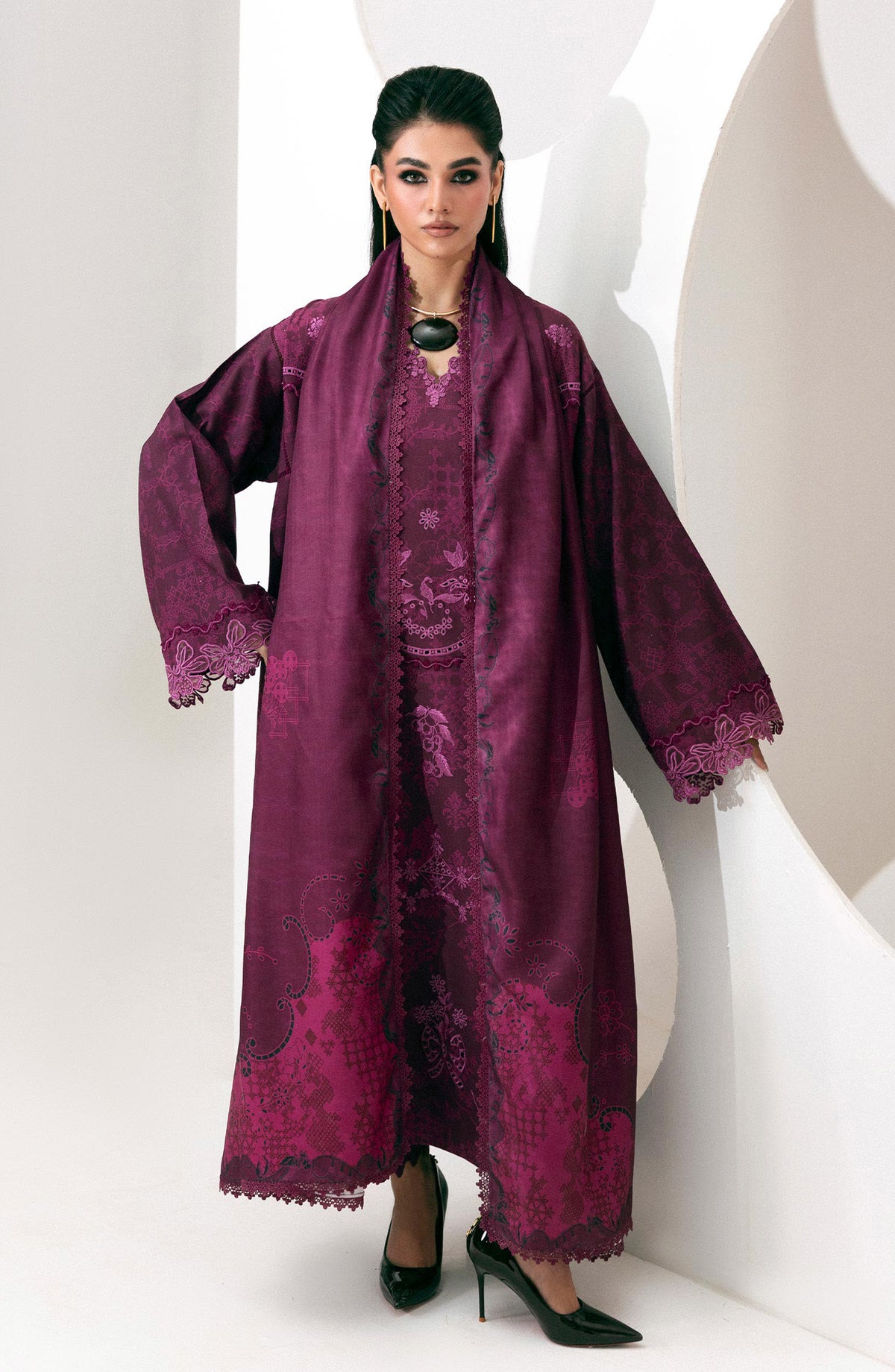 Qalamkar Embroidered Slub Linen Unstitched 3 Piece Suit - QPW-03B - QL26LI - Purple - Winter Collection