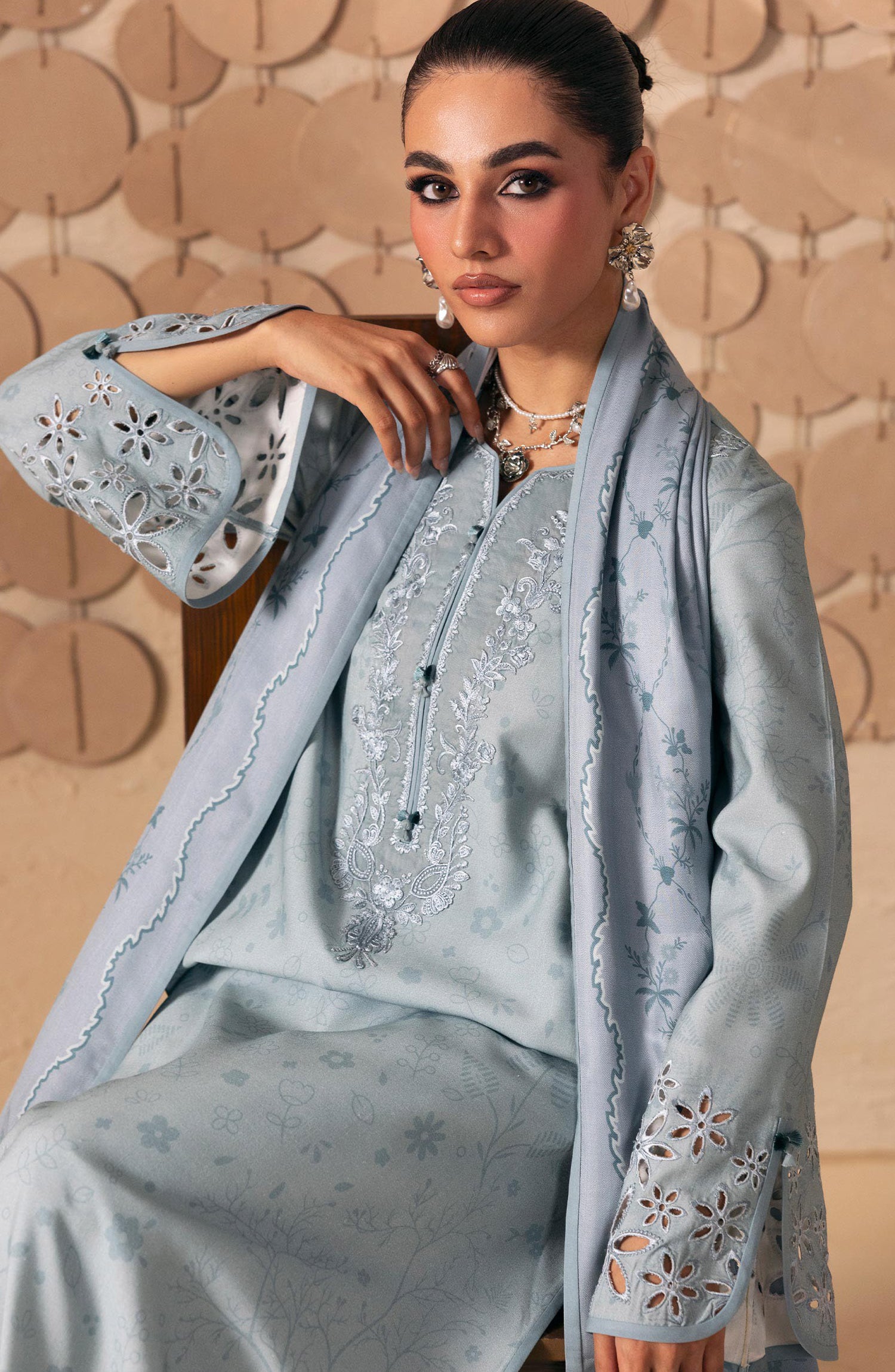 Qalamkar Embroidered Slub Linen Unstitched 3 Piece Suit - QPW-04A - QL26LI - Blue - Winter Collection
