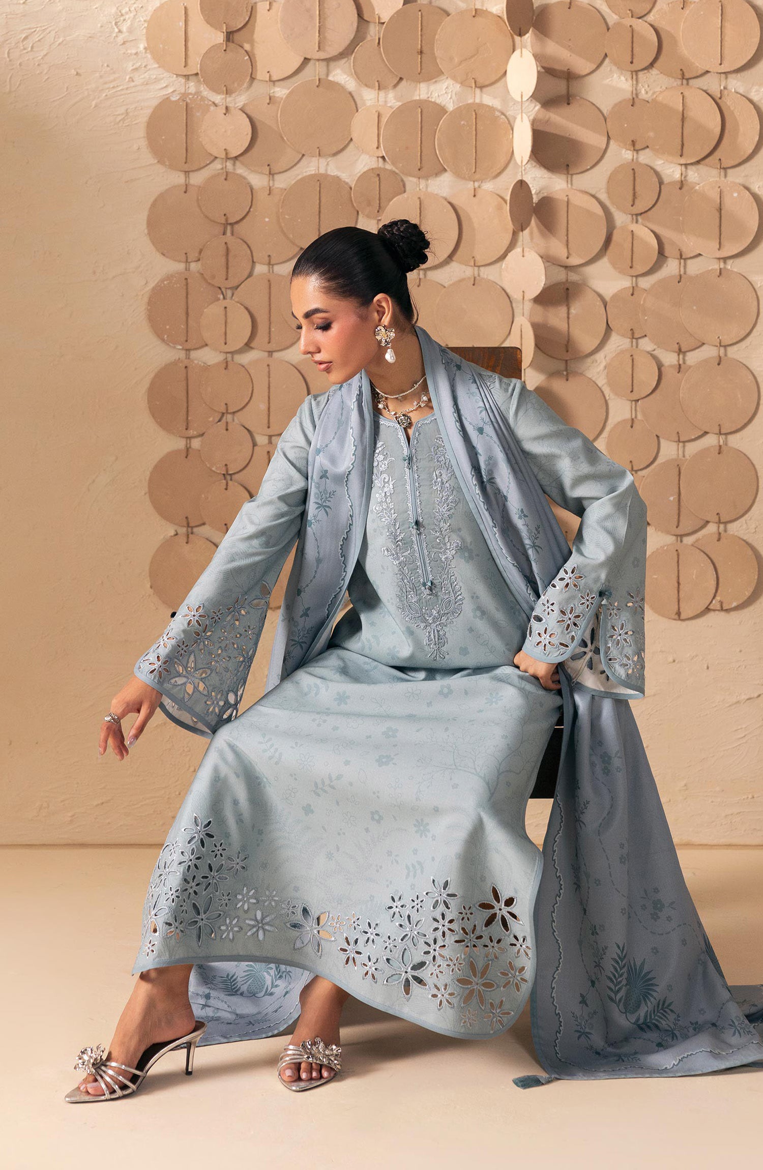 Qalamkar Embroidered Slub Linen Unstitched 3 Piece Suit - QPW-04A - QL26LI - Blue - Winter Collection