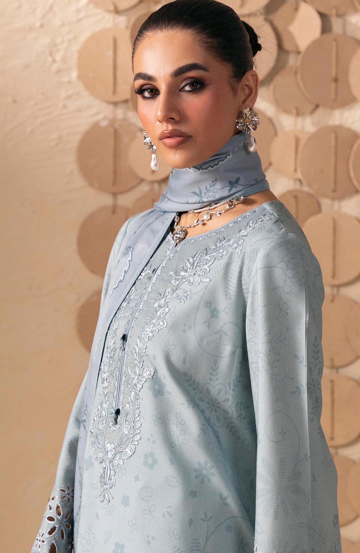Qalamkar Embroidered Slub Linen Unstitched 3 Piece Suit - QPW-04A - QL26LI - Blue - Winter Collection