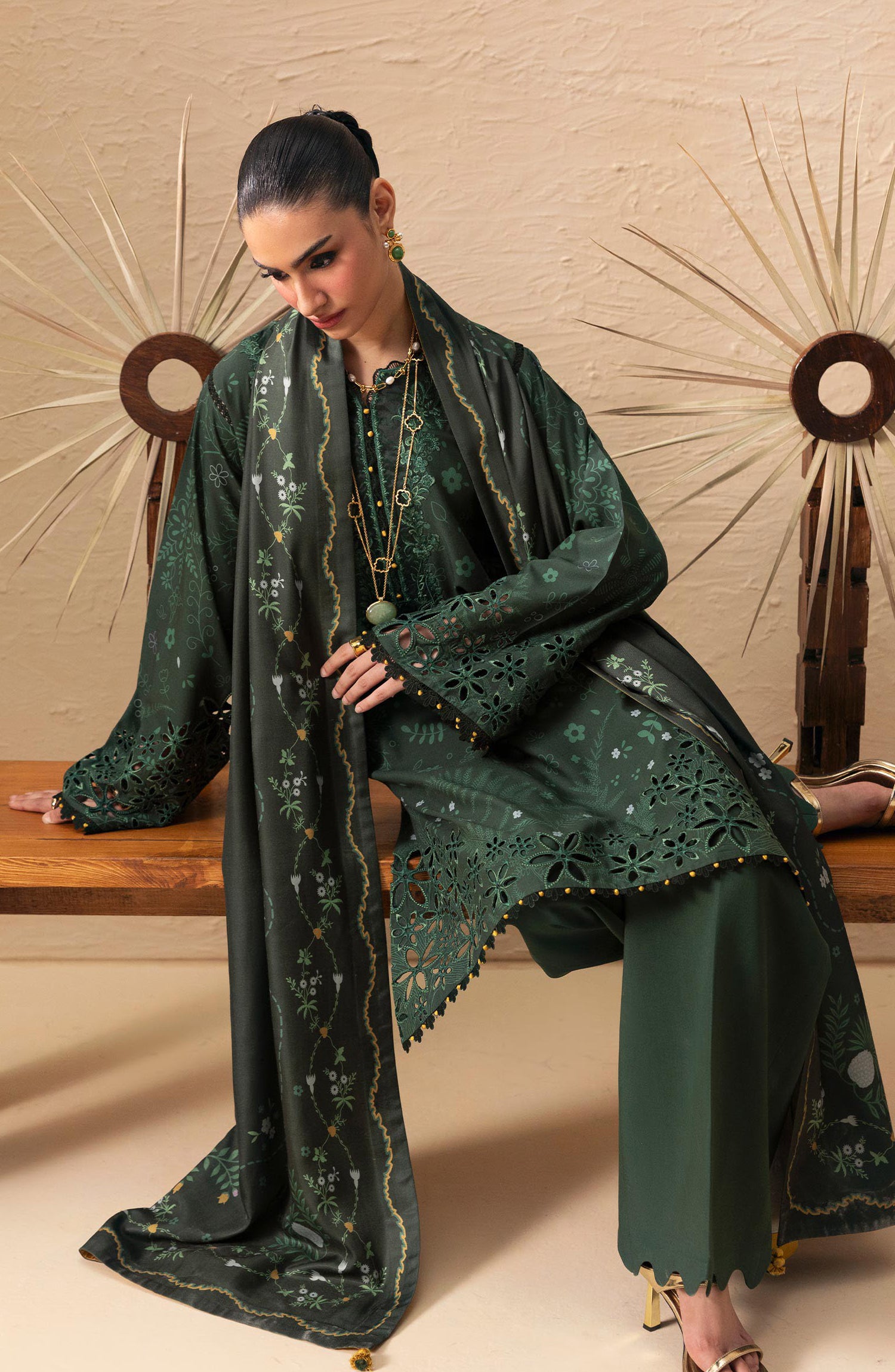 Qalamkar Embroidered Slub Linen Unstitched 3 Piece Suit - QPW-04B - QL26LI - Green - Winter Collection