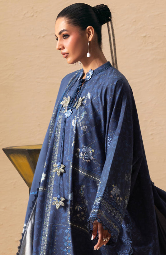 Qalamkar Embroidered Slub Linen Unstitched 3 Piece Suit - QPW-05B - QL26LI - Blue - Winter Collection