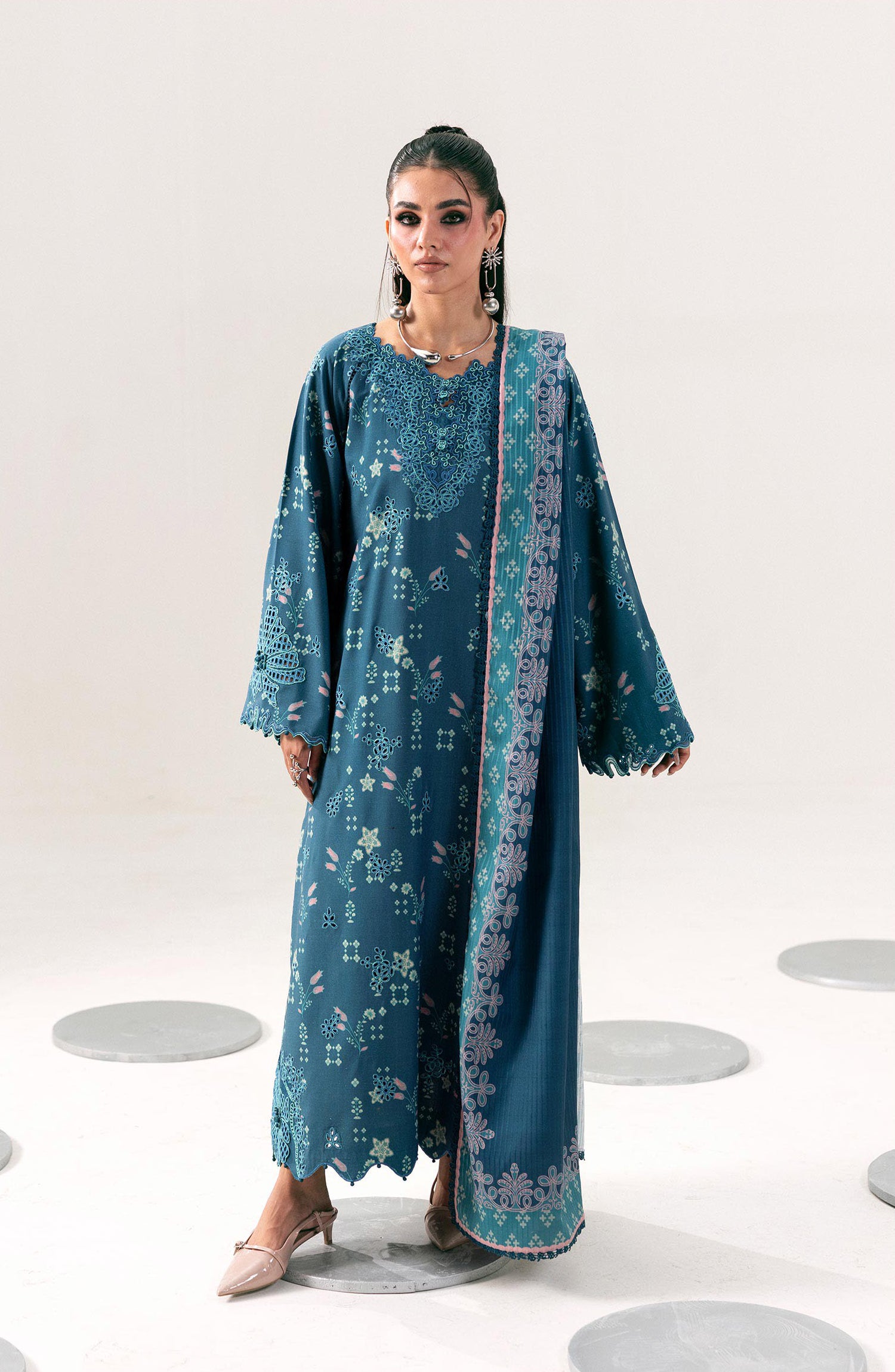 Qalamkar Embroidered Slub Linen Unstitched 3 Piece Suit - QPW-06B - QL26LI - Teal - Winter Collection