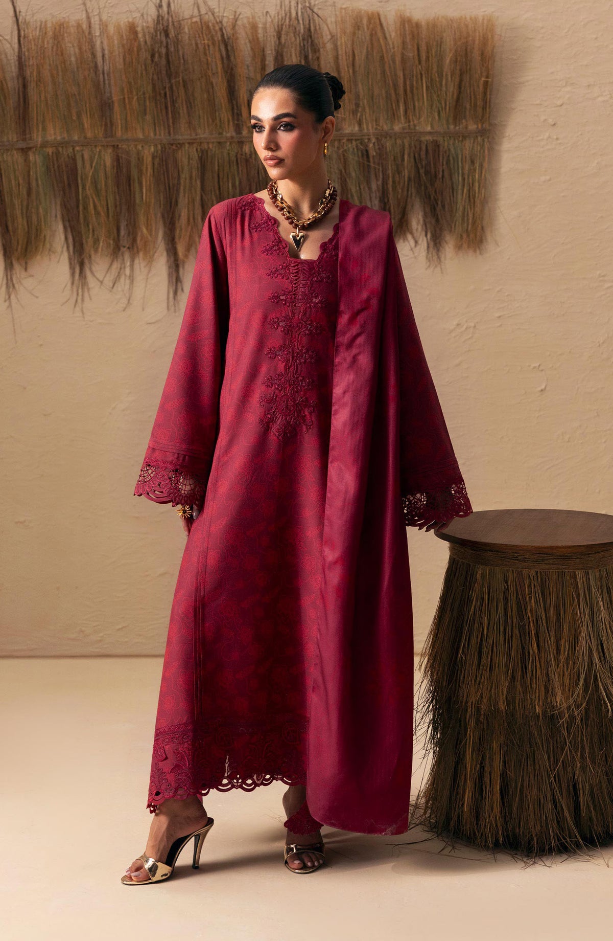 Qalamkar Embroidered Slub Linen Unstitched 3 Piece Suit - QPW-07B - QL26LI - Red - Winter Collection