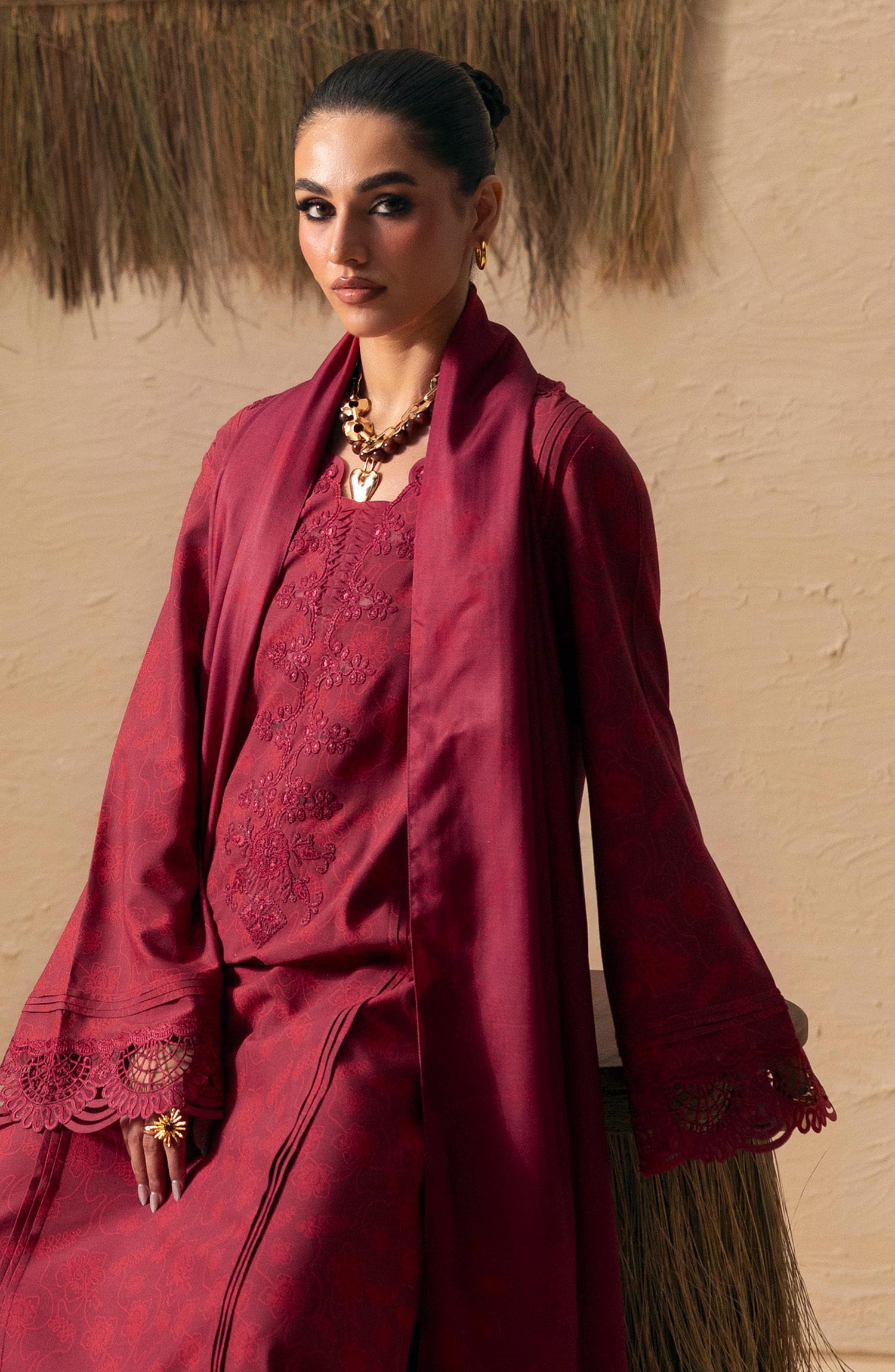 Qalamkar Embroidered Slub Linen Unstitched 3 Piece Suit - QPW-07B - QL26LI - Red - Winter Collection
