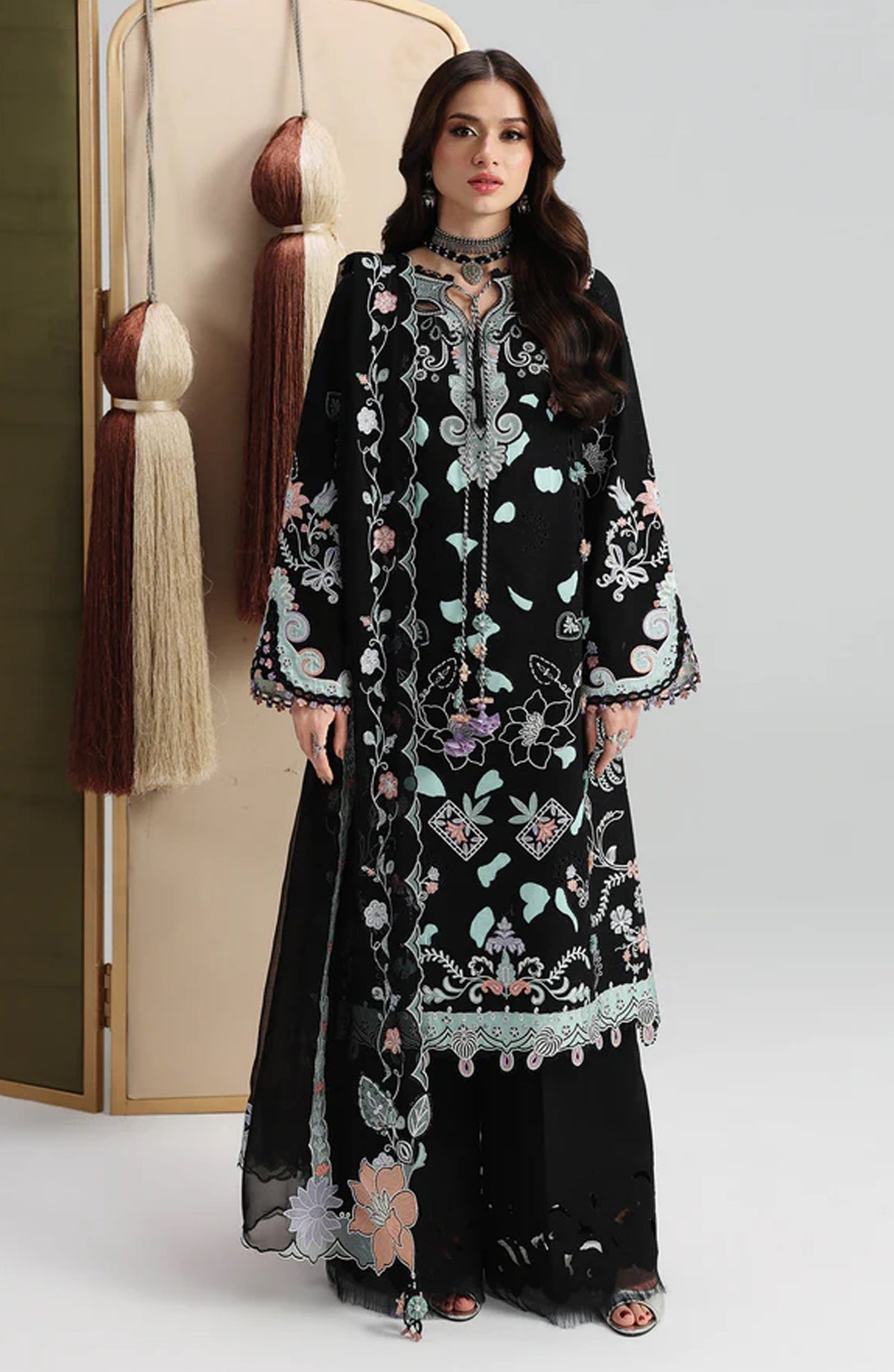 Qalamkar Embroidered Lawn Unstitched 3 Piece Suit - Reha - QL26FST - Black - Festive Collection