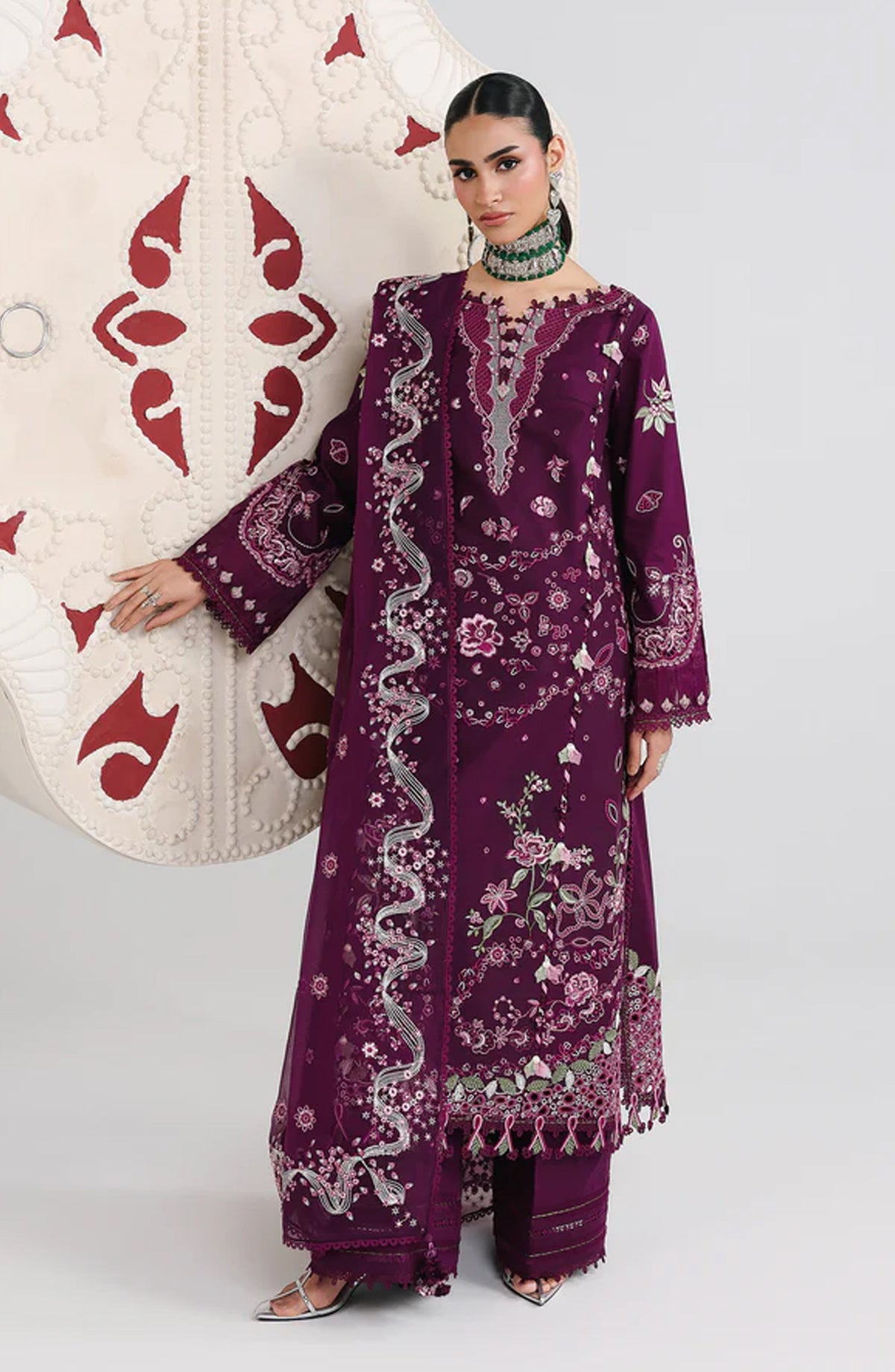 Qalamkar Embroidered Lawn Unstitched 3 Piece Suit - Tresa - QL26FST - Purple - Festive Collection