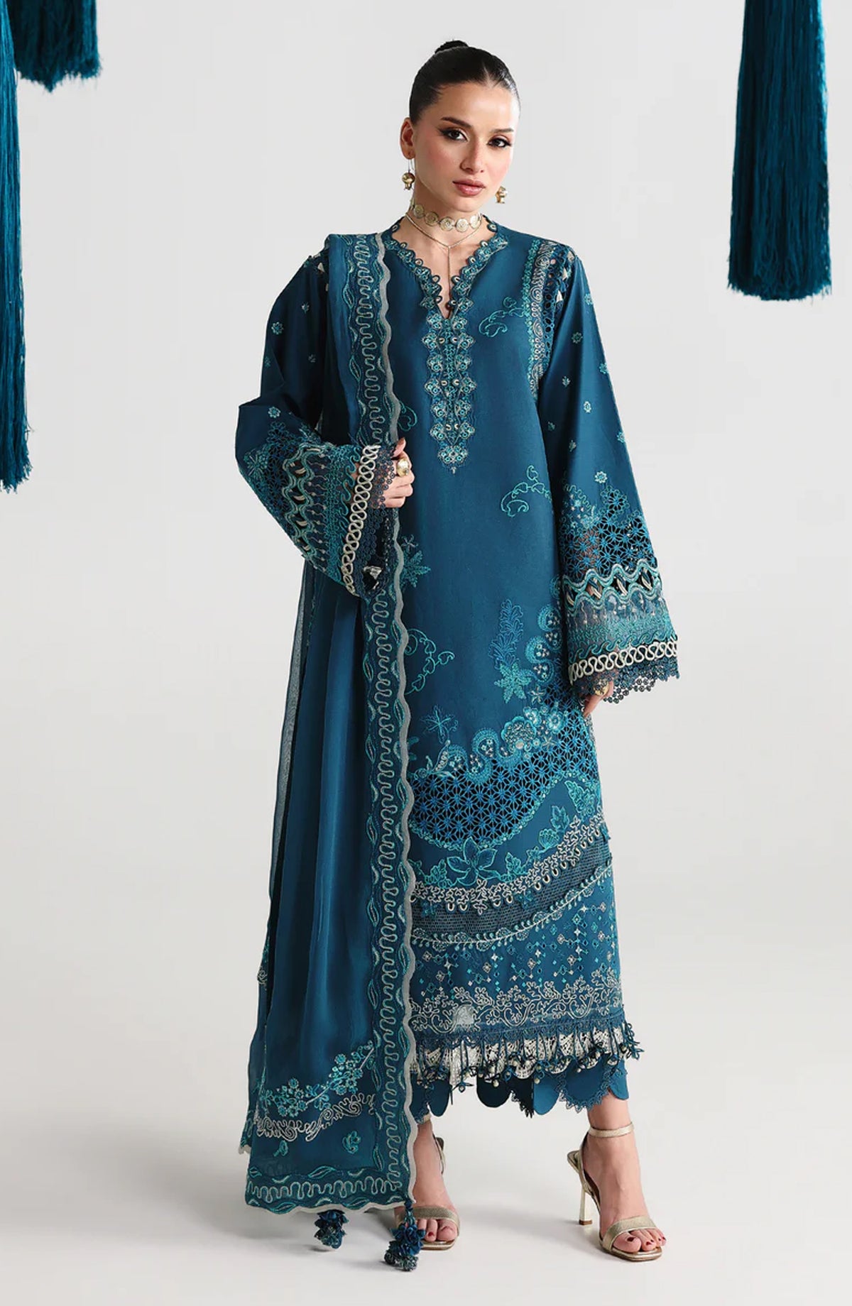 Qalamkar Embroidered Lawn Unstitched 3 Piece Suit - Kaisa - QL26FST - Teal - Festive Collection