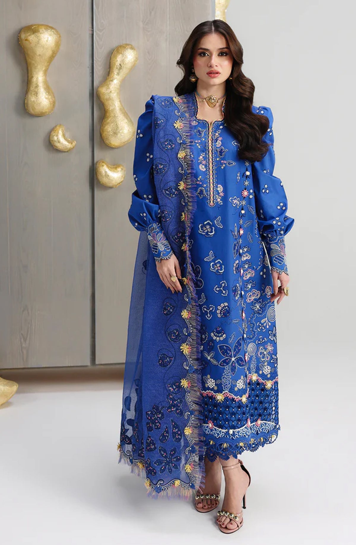 Qalamkar Embroidered Lawn Unstitched 3 Piece Suit - Emina - QL26FST - Blue - Festive Collection