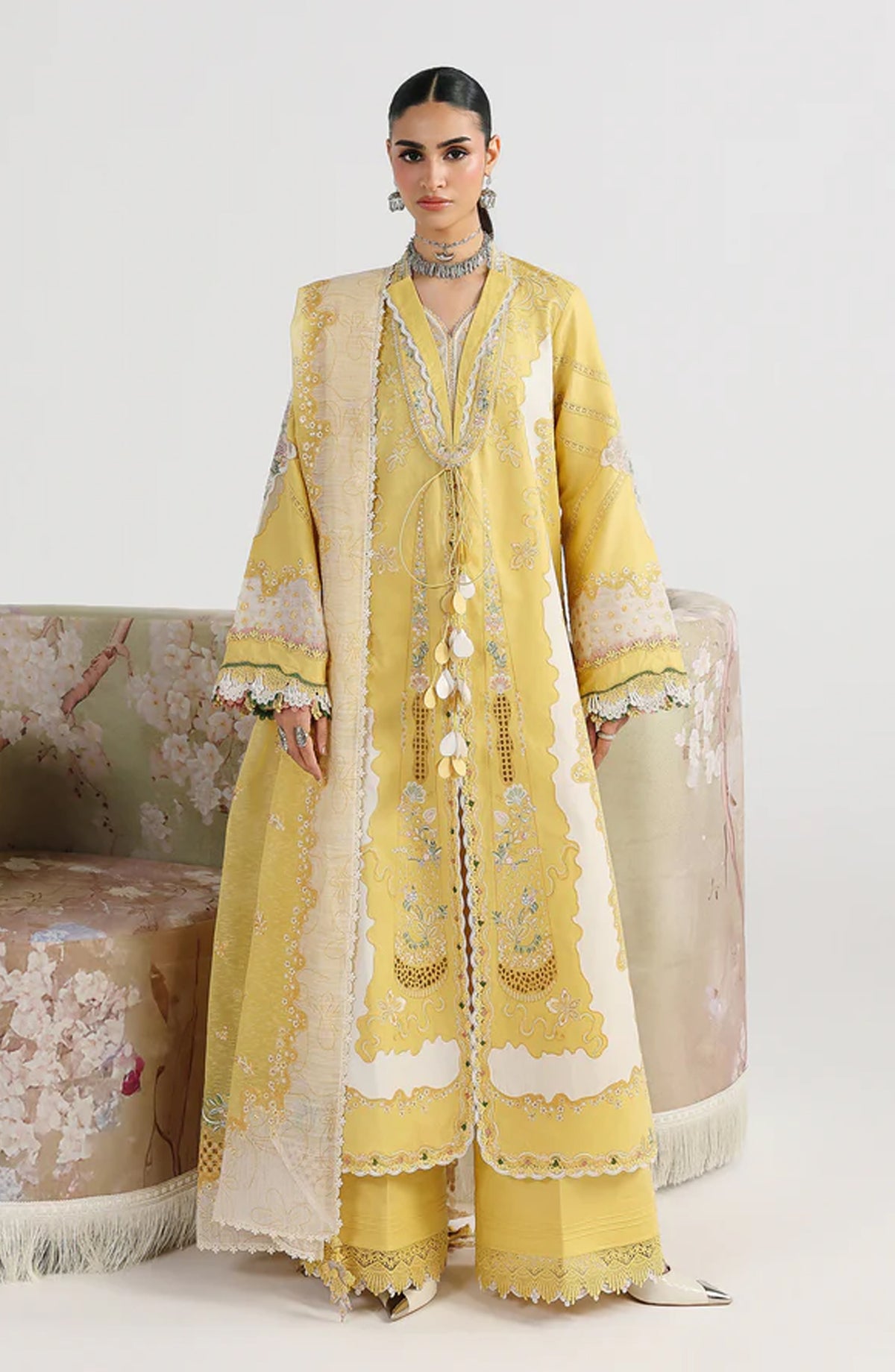 Qalamkar Embroidered Lawn Unstitched 3 Piece Suit - Zaria - QL26FST - Yellow - Festive Collection