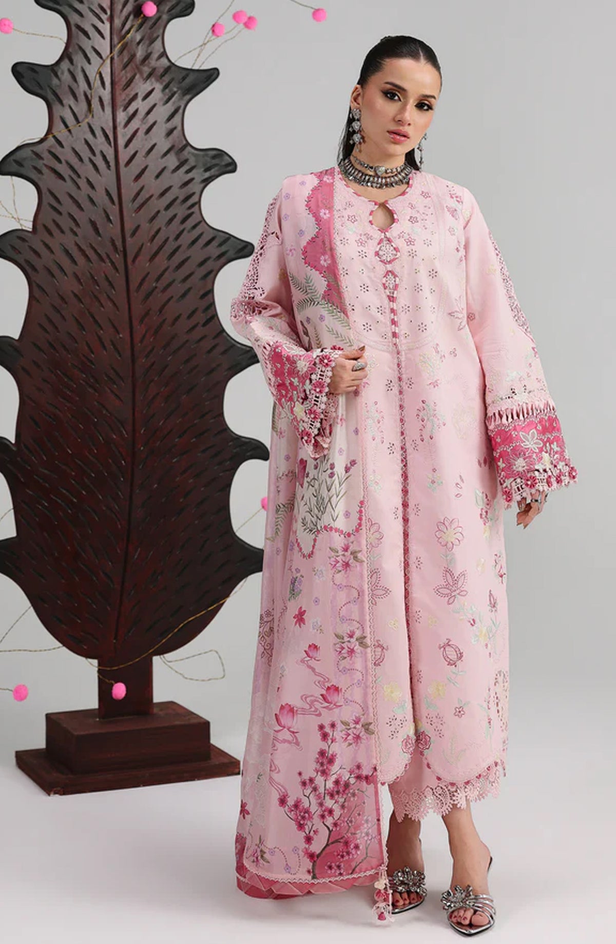 Qalamkar Embroidered Lawn Unstitched 3 Piece Suit - Norah - QL26FST - Pink - Festive Collection