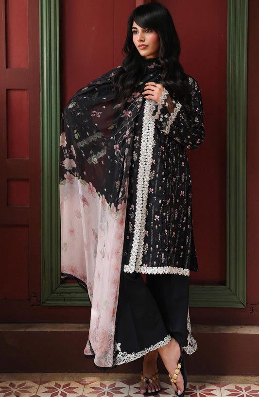 Qalamkar QPrints Embroidered Lawn Unstitched 3 Piece Suit - AX-09-A FARAH - QL26QPN - Black - Summer Collection