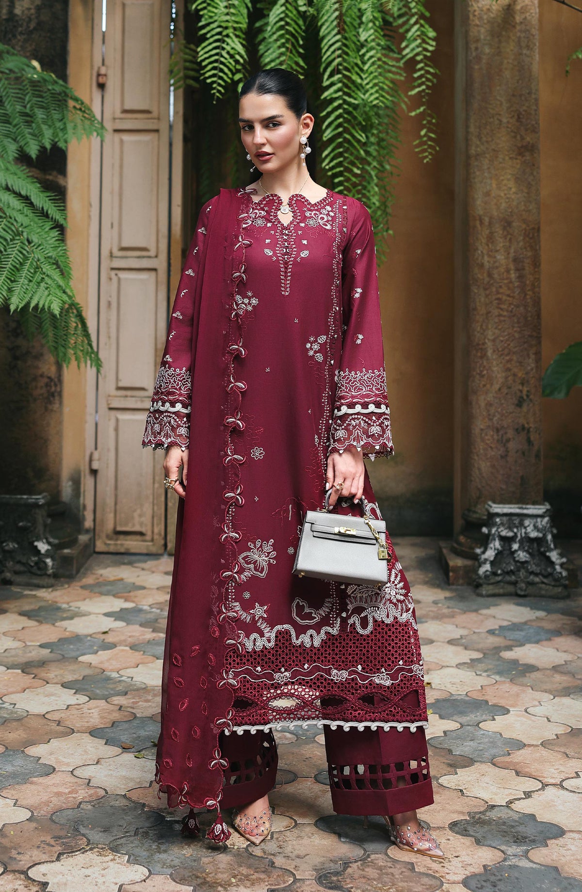 Qalamkar Qline Embroidered Lawn Unstitched 3 Piece Suit - RP-12 Garnet - QL26QLWN - Maroon - Summer Collection