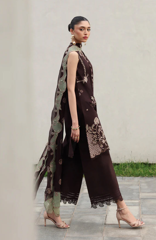 Qalamkar Qline Embroidered Lawn Unstitched 3 Piece Suit - QKL-15 Yasra - QL26LN - Brown - Summer Collection