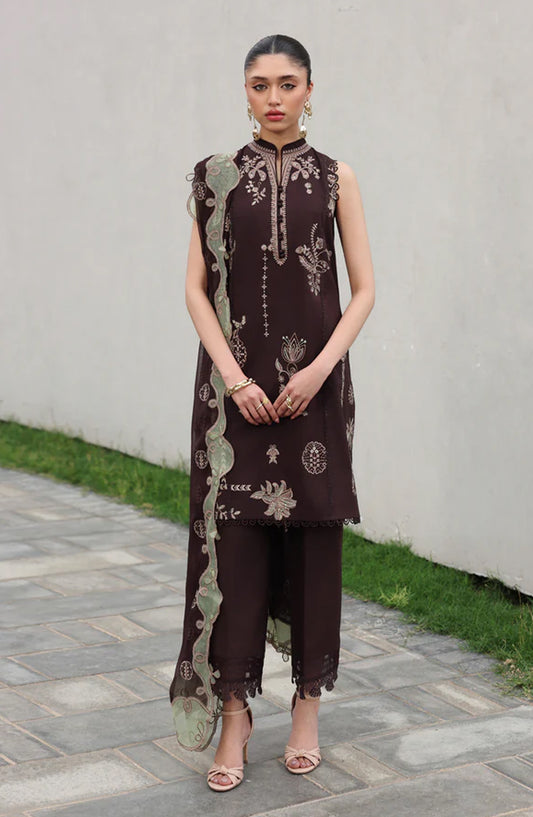 Qalamkar Qline Embroidered Lawn Unstitched 3 Piece Suit - QKL-15 Yasra - QL26LN - Brown - Summer Collection
