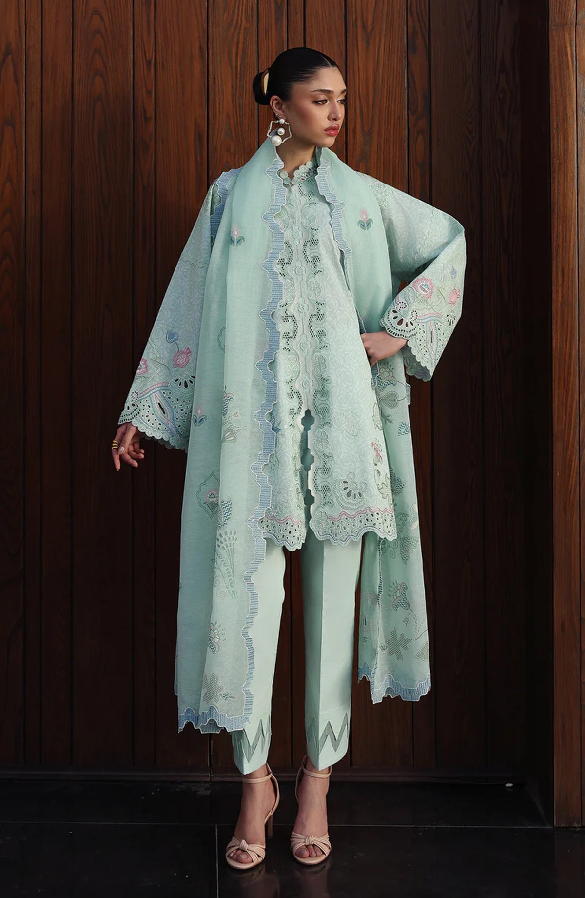 Qalamkar Qline Embroidered Lawn Unstitched 3 Piece Suit - QKL-07 Leya - QL26LN - Ferozi - Summer Collection