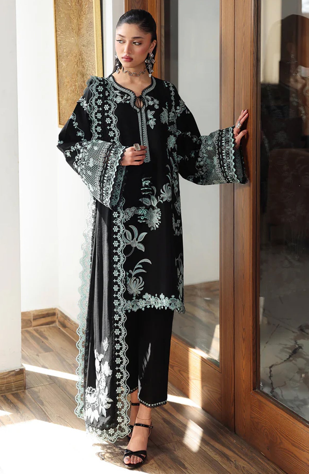 Qalamkar Qline Embroidered Lawn Unstitched 3 Piece Suit - QKL-06 Sana - QL26LN - Black - Summer Collection