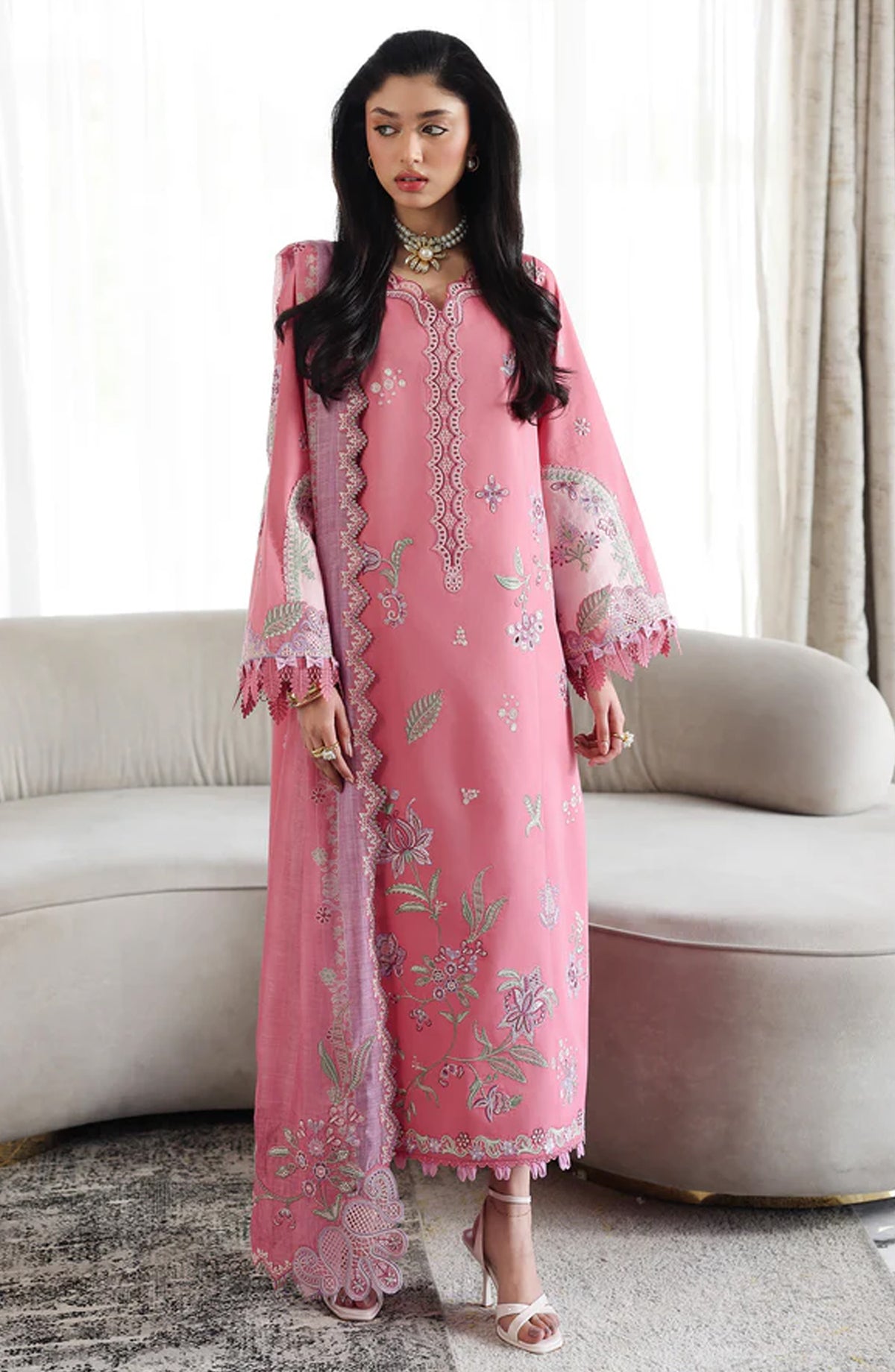 Qalamkar Qline Embroidered Lawn Unstitched 3 Piece Suit - QKL-02 Abeer - QL26LN - Pink - Summer Collection