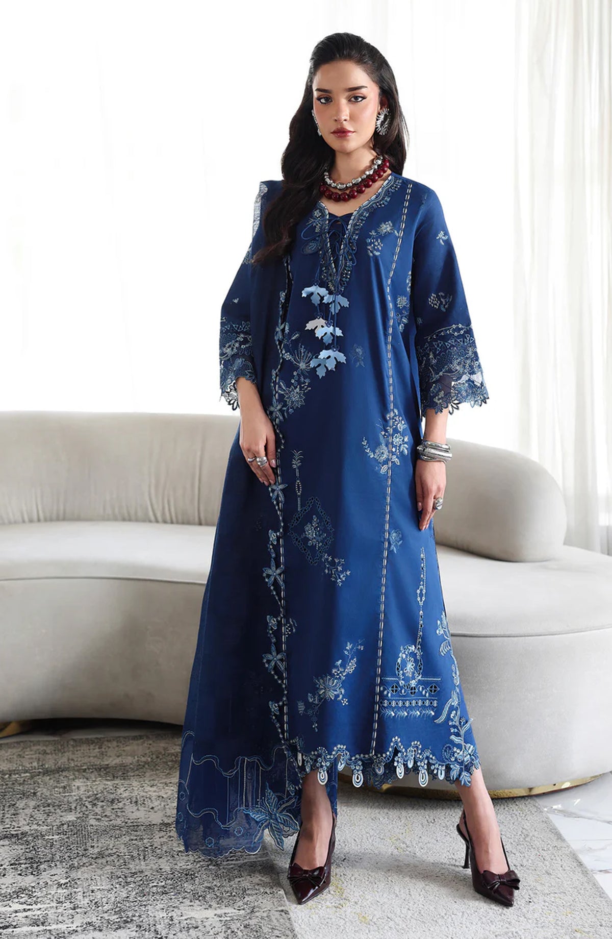 Qalamkar Qline Embroidered Lawn Unstitched 3 Piece Suit - QKL-01 Sorai - QL26LN - Blue - Summer Collection