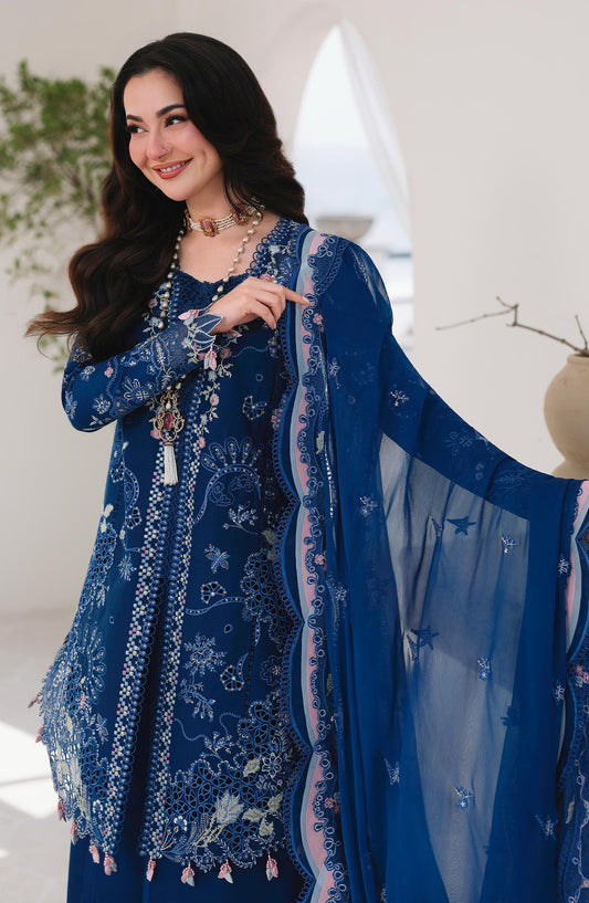 Qalamkar Sahil Luxury Embroidered Lawn Unstitched 3 Piece Suit - SA-16 Esma - QL26SHL - Blue - Summer Collection