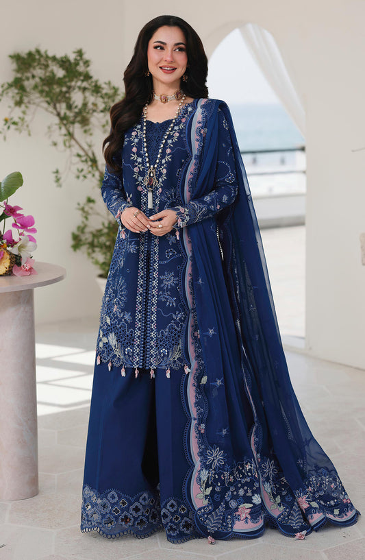 Qalamkar Sahil Luxury Embroidered Lawn Unstitched 3 Piece Suit - SA-16 Esma - QL26SHL - Blue - Summer Collection