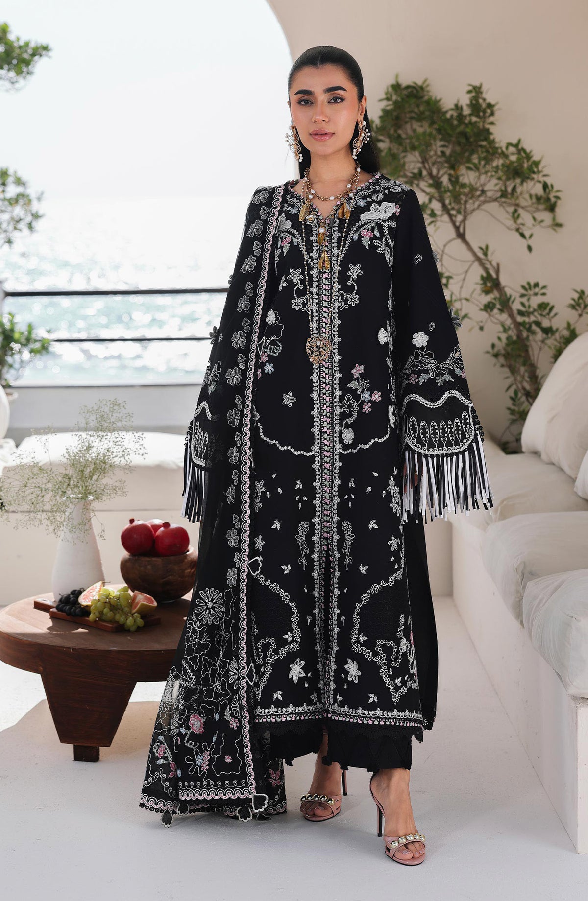 Qalamkar Sahil Luxury Embroidered Lawn Unstitched 3 Piece Suit - SA-02 Liana - QL26SHL - Black - Summer Collection