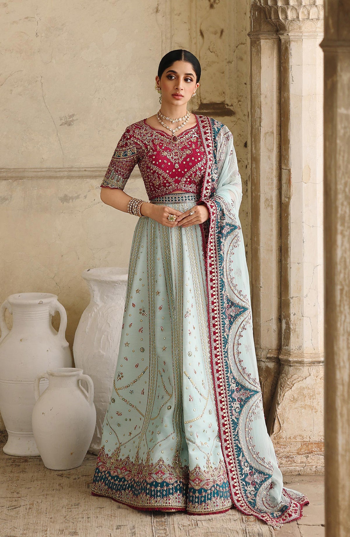 Qalamkar Shadmani Embroidered Raw Silk Unstitched 3 Piece Suit - RH-08 LAYLA - QL25SHD - Blue - Wedding Formals Collection