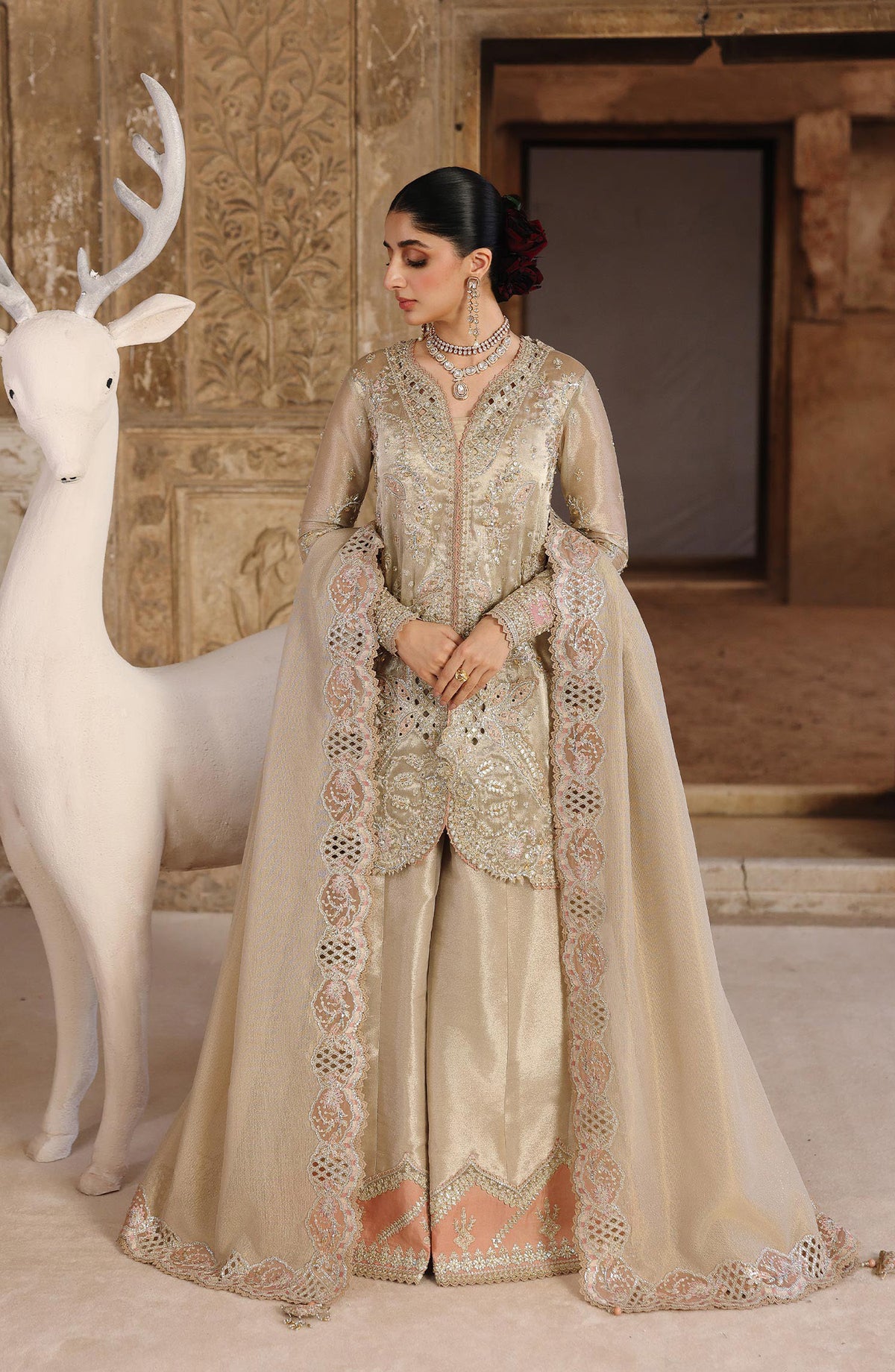Qalamkar Shadmani Embroidered Zari Tissue Unstitched 3 Piece Suit - RH-07 AMEERA - QL25SHD - Fawn - Wedding Formals Collection