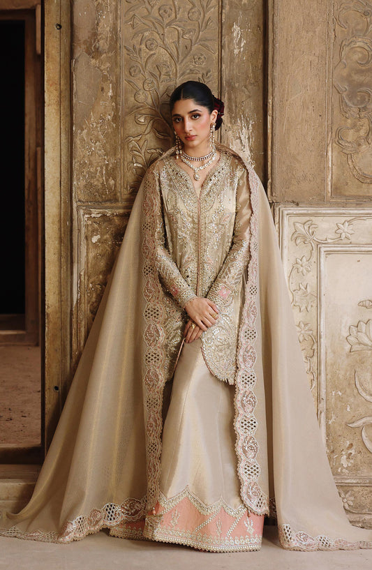 Qalamkar Shadmani Embroidered Zari Tissue Unstitched 3 Piece Suit - RH-07 AMEERA - QL25SHD - Fawn - Wedding Formals Collection
