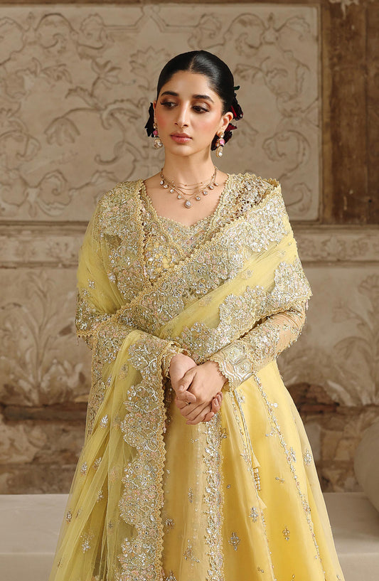 Qalamkar Shadmani Embroidered Organza Unstitched 3 Piece Suit - RH-06 HOOR - QL25SHD - Yellow - Wedding Formals Collection