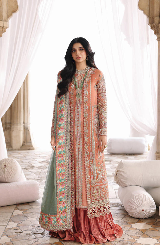 Qalamkar Shadmani Embroidered Organza Unstitched 3 Piece Suit - RH-04 ZEHRA - QL25SHD - Orange - Wedding Formals Collection