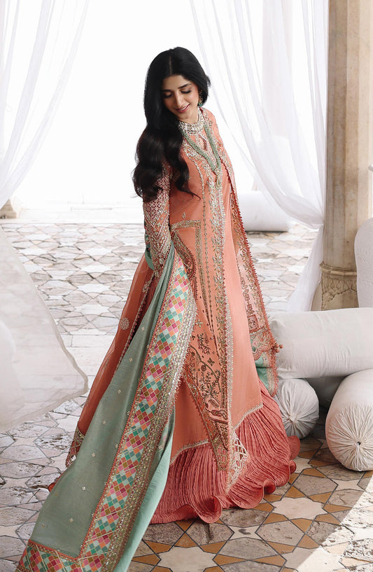 Qalamkar Shadmani Embroidered Organza Unstitched 3 Piece Suit - RH-04 ZEHRA - QL25SHD - Orange - Wedding Formals Collection