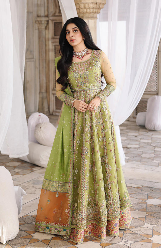 Qalamkar Shadmani Embroidered Net Unstitched 3 Piece Suit - RH-03 GULNARA - QL25SHD - Green - Wedding Formals Collection