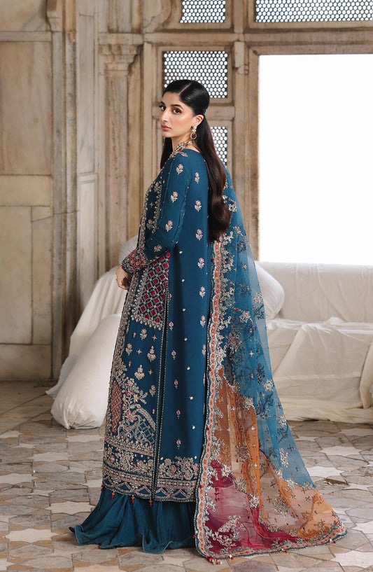 Qalamkar Shadmani Embroidered Raw Silk Unstitched 3 Piece Suit - RH-02 NEELAM - QL25SHD - Blue - Wedding Formals Collection