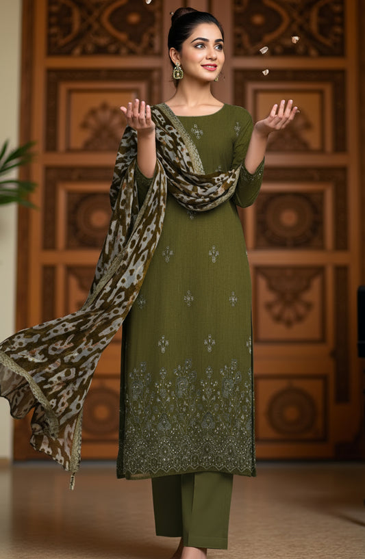 Queen Sweet Embroidered Peach Unstitched 3 Piece Suit - Design-03 - QU25ALK - Green - Luxury Collection