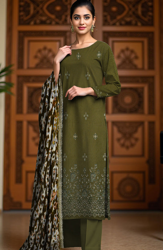 Queen Sweet Embroidered Peach Unstitched 3 Piece Suit - Design-03 - QU25ALK - Green - Luxury Collection