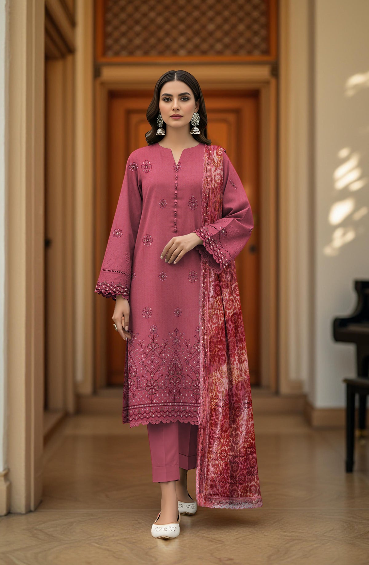 Queen Sweet Embroidered Peach Unstitched 3 Piece Suit - Design-04 - QU25ALK - Pink - Luxury Collection