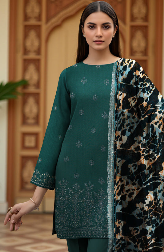 Queen Sweet Embroidered Peach Unstitched 3 Piece Suit - Design-05 - QU25ALK - Green - Luxury Collection