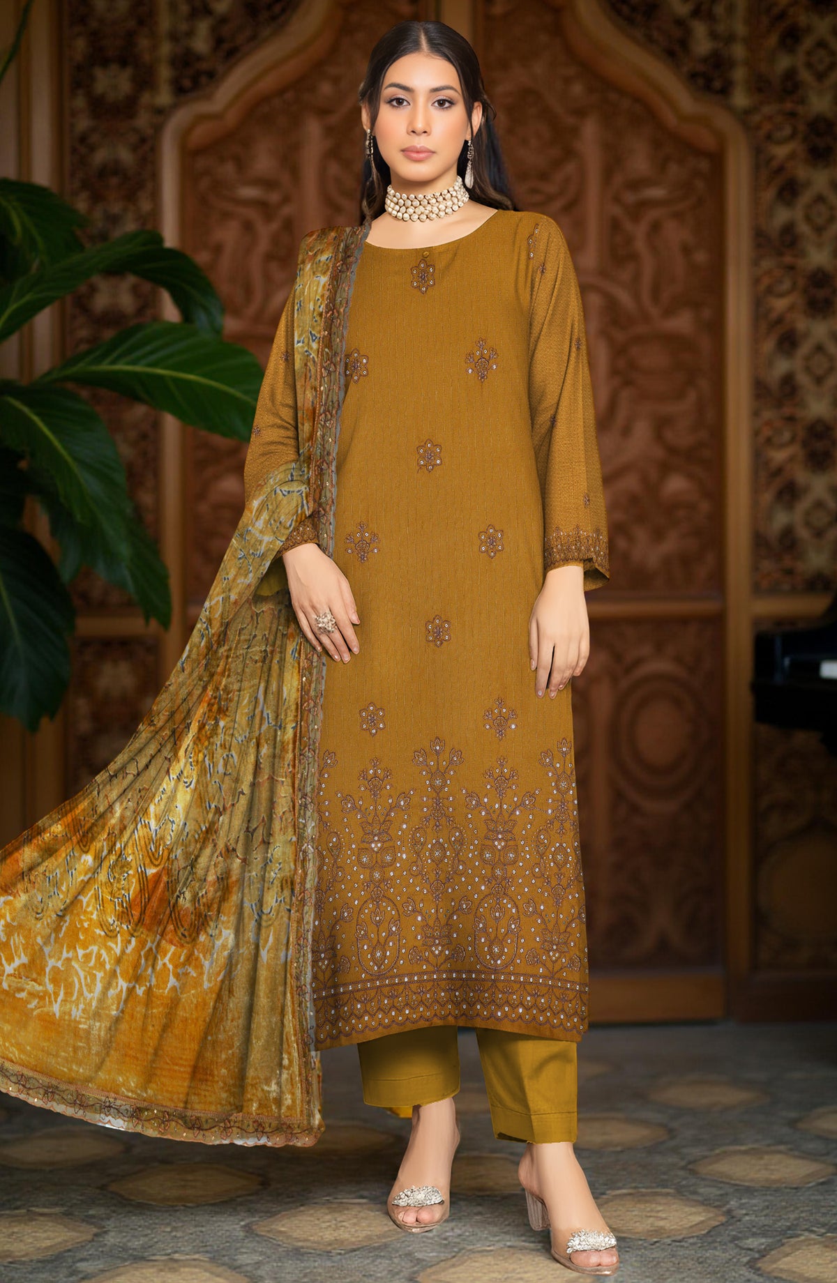 Queen Sweet Embroidered Peach Unstitched 3 Piece Suit - Design-06 - QU25ALK - Mustard - Luxury Collection