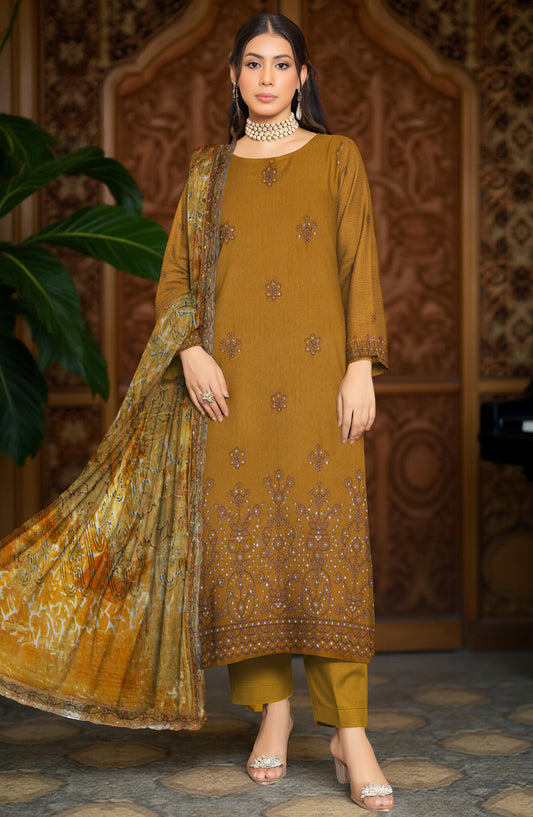 Queen Sweet Embroidered Peach Unstitched 3 Piece Suit - Design-06 - QU25ALK - Mustard - Luxury Collection