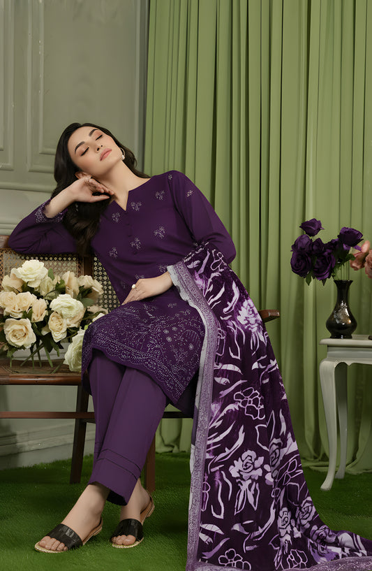 Queen Embroidered Sweet Peach Unstitched 3 Piece Suit - Design-05 - QU25SW - Purple - Winter Collection