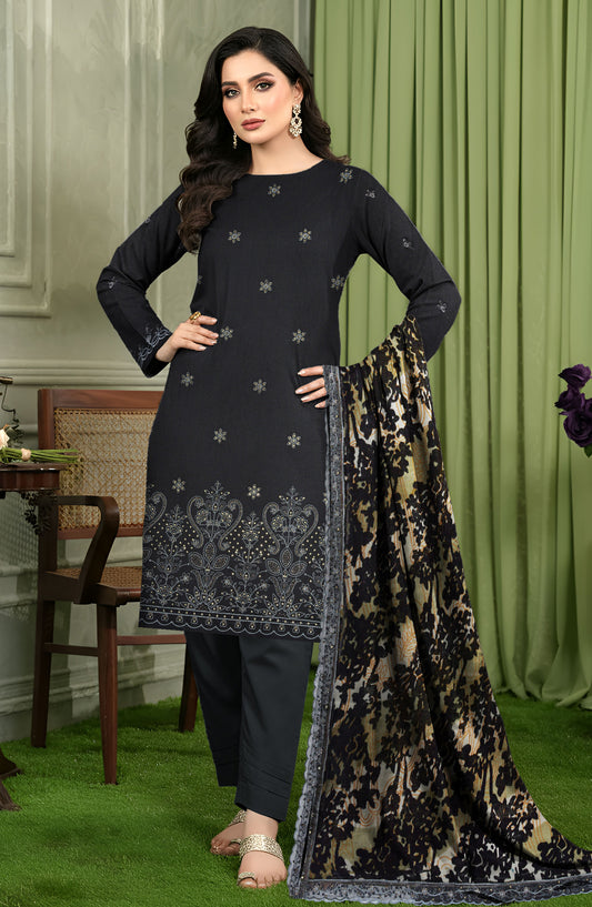 Queen Embroidered Sweet Peach Unstitched 3 Piece Suit - Design-04 - QU25SW - Black - Winter Collection