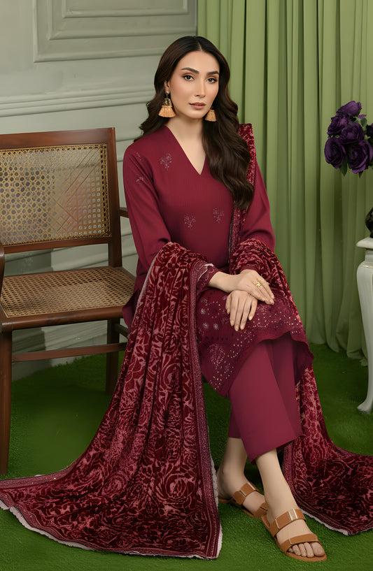 Queen Embroidered Sweet Peach Unstitched 3 Piece Suit - Design-03 - QU25SW - Maroon - Winter Collection