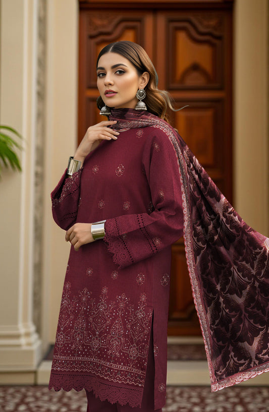Queen Sweet Embroidered Peach Unstitched 3 Piece Suit - Design-01 - QU25ALK - Maroon - Luxury Collection